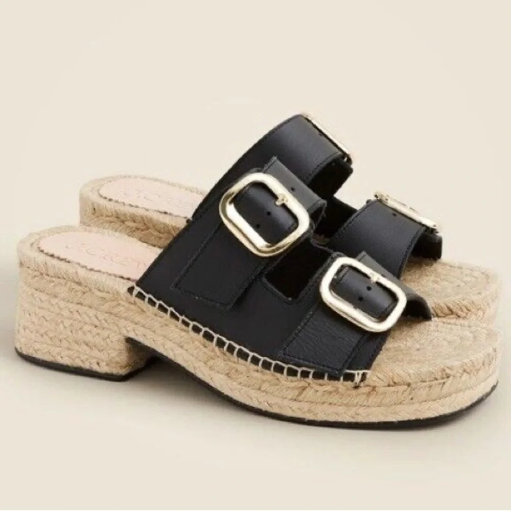 J. Crew CA017 Black & Gold Genuine Leather Made in Spain Espadrille Block Heel